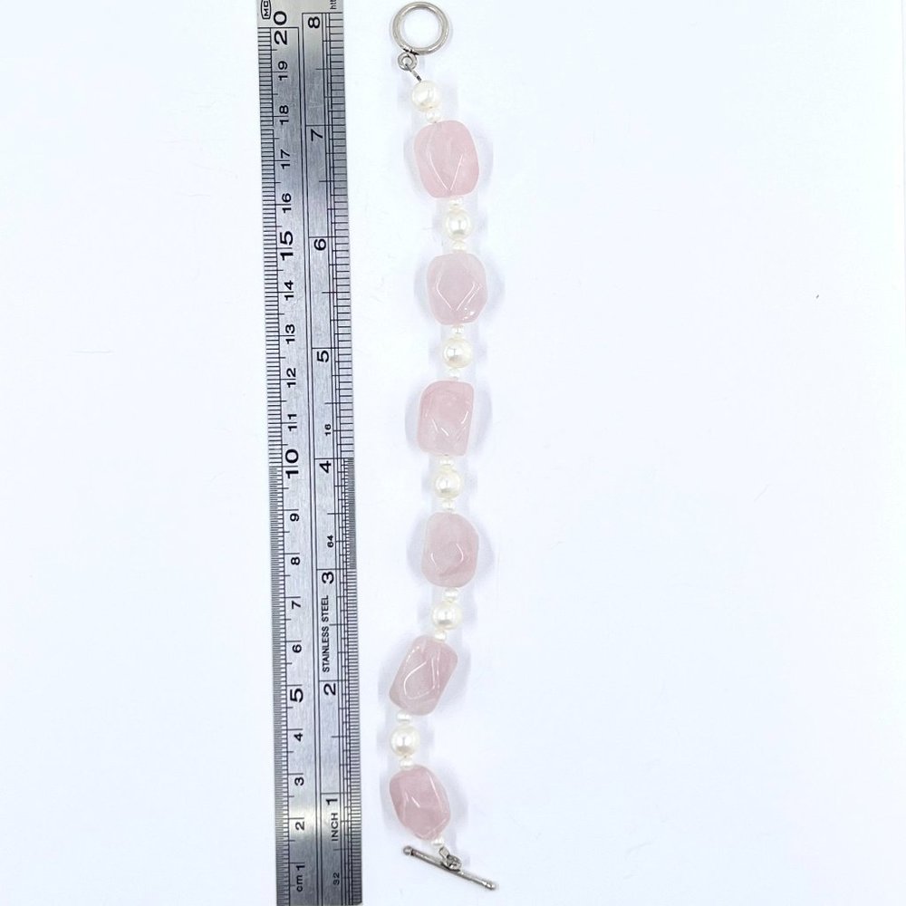 Rose Quartz Nugget & Freshwater Pearl Silver Tone Toggle Clasp 8” Bracelet - Picture 5 of 6